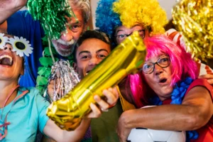 Guests of all ages enjoying a photo booth rental with fun props and backdrops.